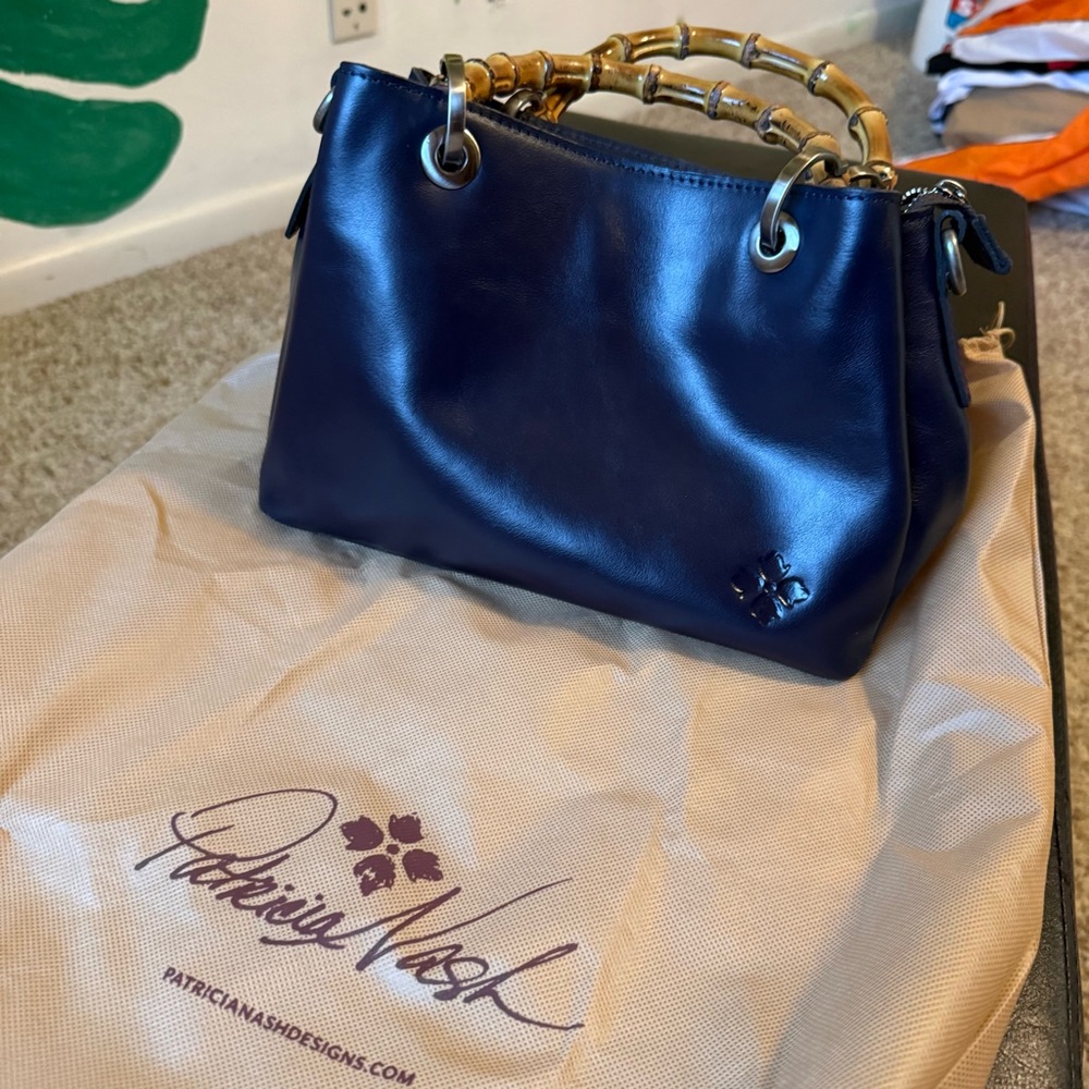 Patricia Nash Navy Leather Satchel with Bamboo Handles